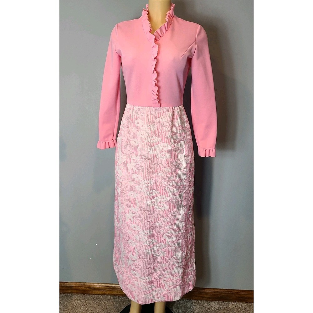 VTG Bleeker Street Dress Sz‎ Small 60s 70s Pink  Floral Ruffle Coquette Regency